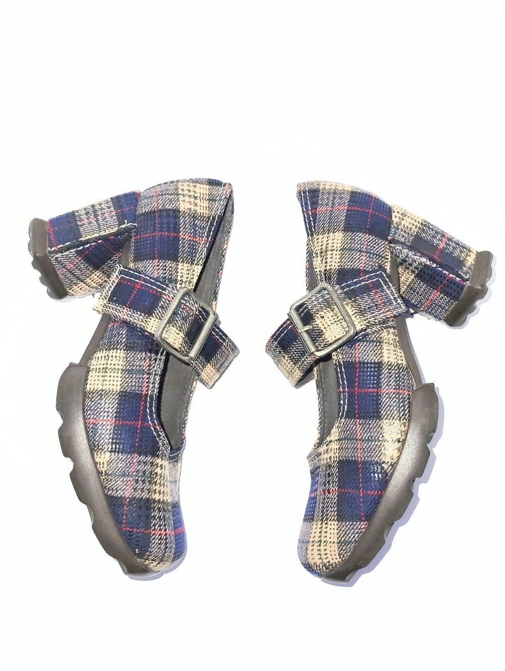 John Fluevog Benatar Blue Plaid Geometric Chunky Heel Mary Janes Size 7